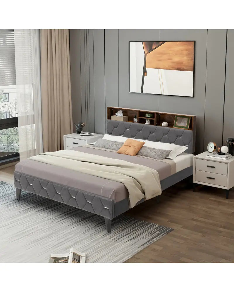 Full/Queen Size Upholstered Bed Frame with Storage Headboard-Full Size - Gray - Simple Bed Frame