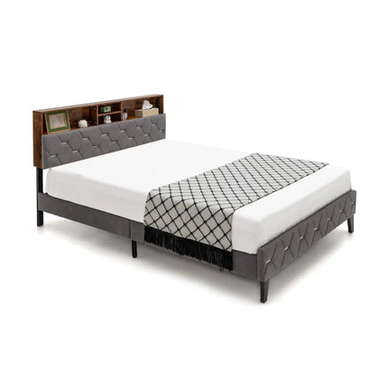 Full/Queen Size Upholstered Bed Frame with Storage Headboard-Full Size - Gray - Simple Bed Frame