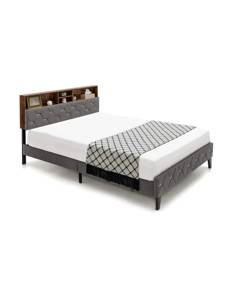 Full/Queen Size Upholstered Bed Frame with Storage Headboard-Full Size - Gray - Simple Bed Frame