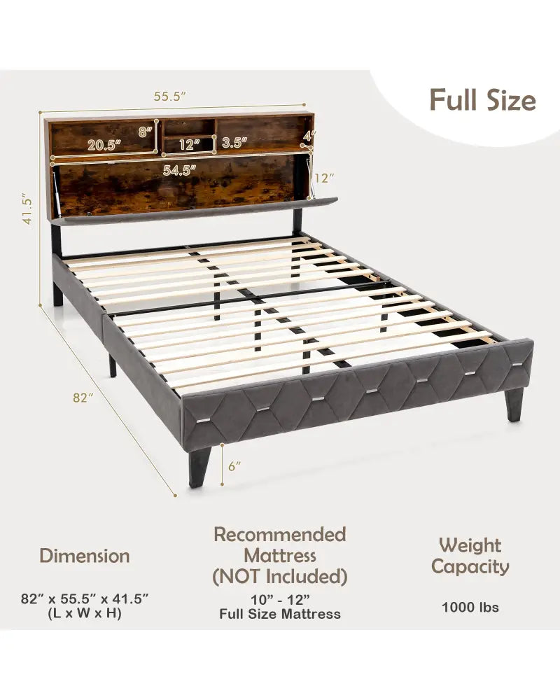 Full/Queen Size Upholstered Bed Frame with Storage Headboard-Full Size - Gray - Simple Bed Frame
