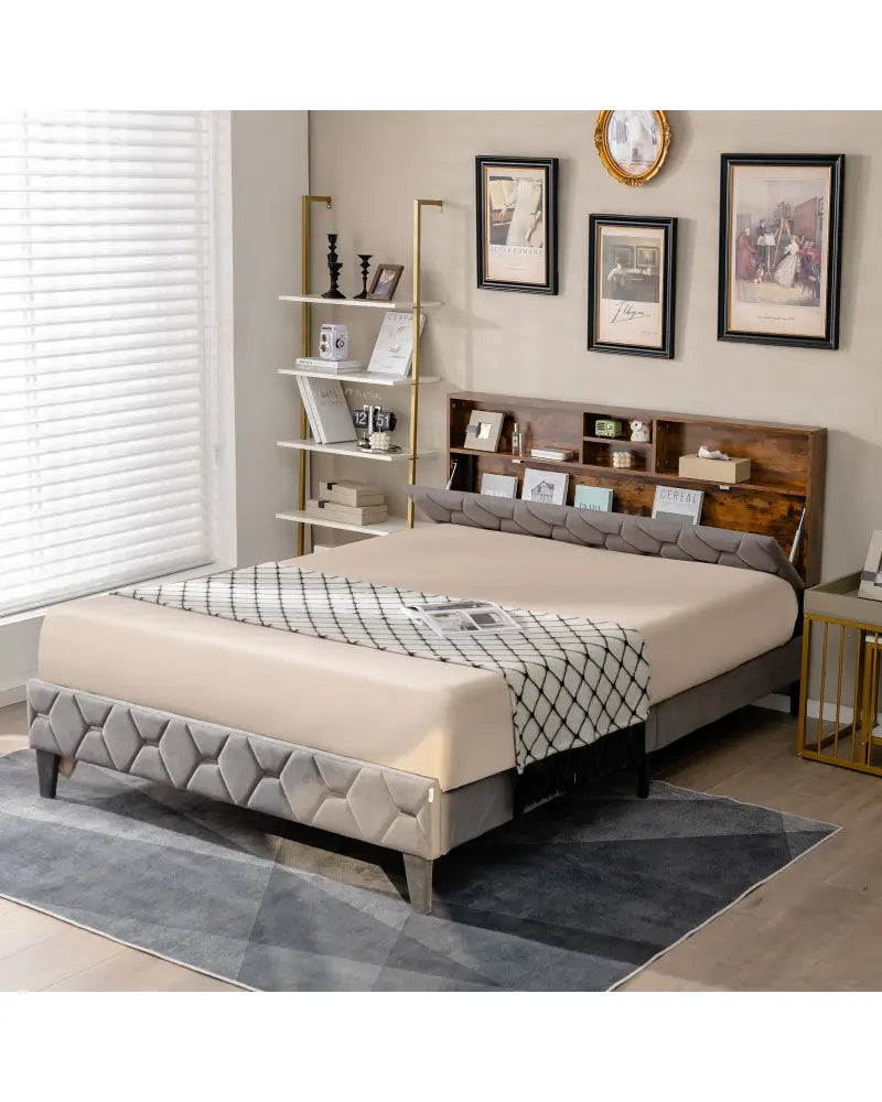 Full/Queen Size Upholstered Bed Frame with Storage Headboard-Queen Size - Gray - Simple Bed Frame