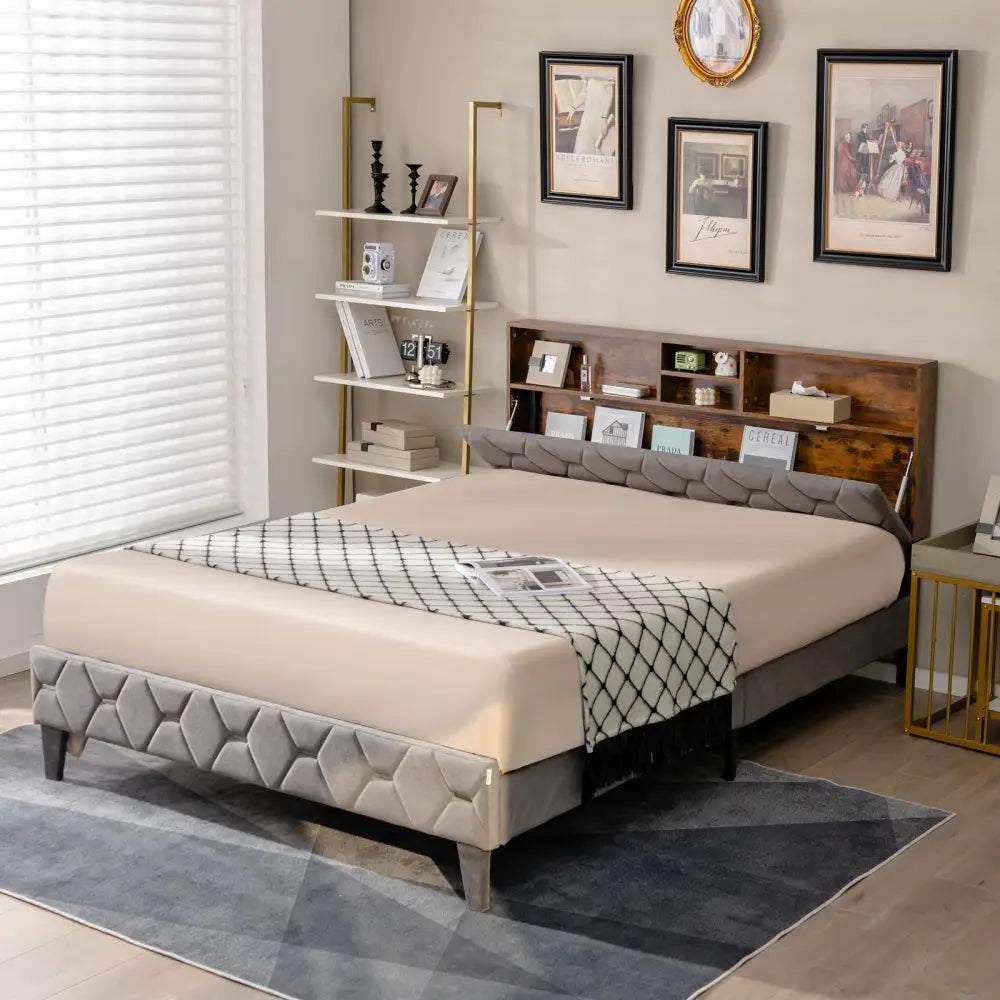 Full/Queen Size Upholstered Bed Frame with Storage Headboard-Queen Size - Gray - Simple Bed Frame