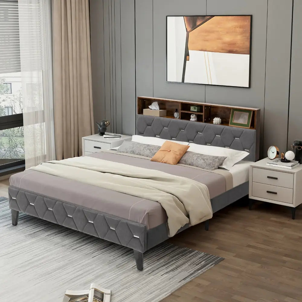Full/Queen Size Upholstered Bed Frame with Storage Headboard-Queen Size - Gray - Simple Bed Frame