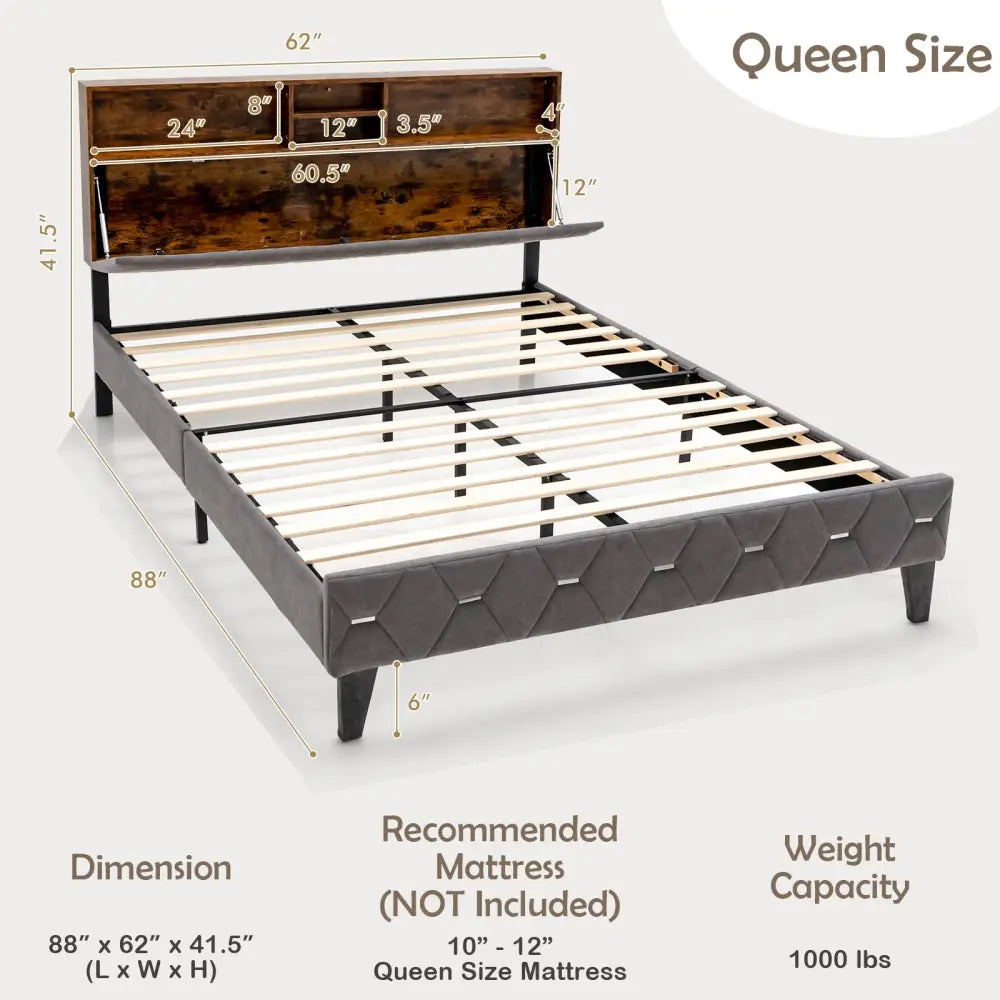 Full/Queen Size Upholstered Bed Frame with Storage Headboard-Queen Size - Gray - Simple Bed Frame