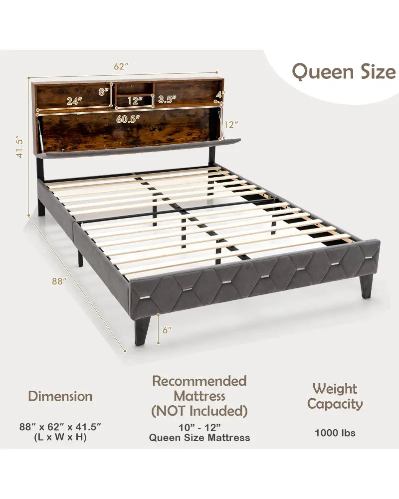 Full/Queen Size Upholstered Bed Frame with Storage Headboard-Queen Size - Gray - Simple Bed Frame