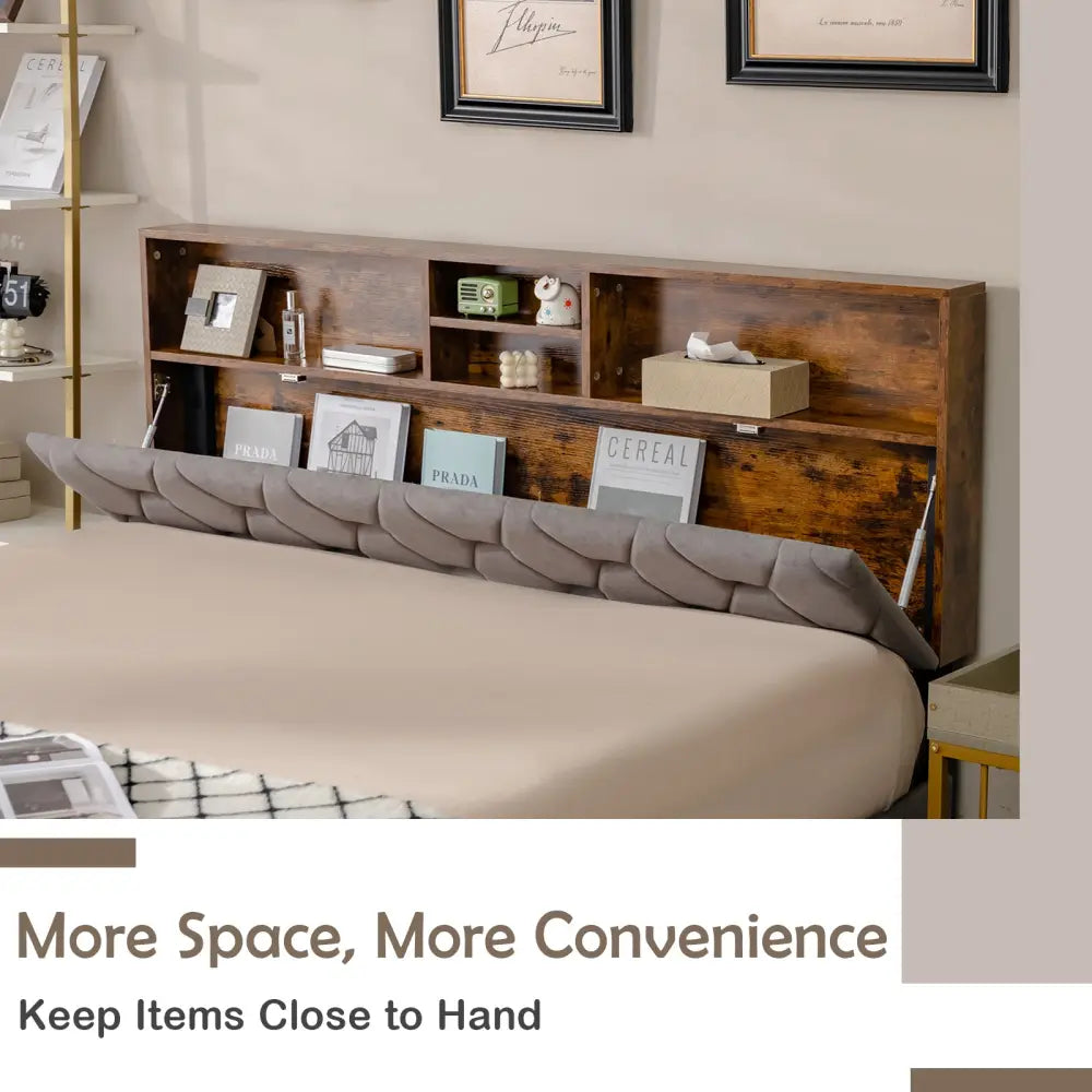 Full/Queen Size Upholstered Bed Frame with Storage Headboard-Queen Size - Gray - Simple Bed Frame