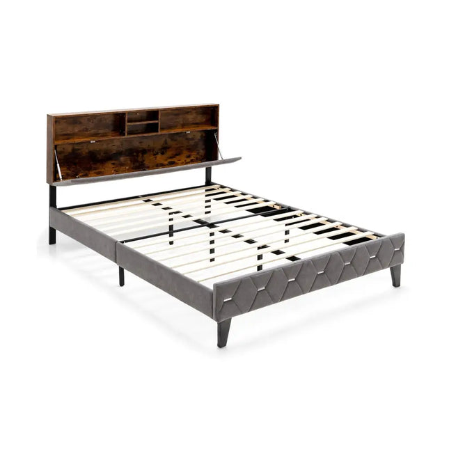 Full/Queen Size Upholstered Bed Frame with Storage Headboard-Queen Size - Gray - Simple Bed Frame