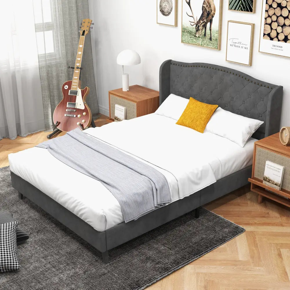 Full/Queen Size Upholstered Platform Bed Frame with Button Tufted Headboard-Full Size - Gray - Simple Bed Frame