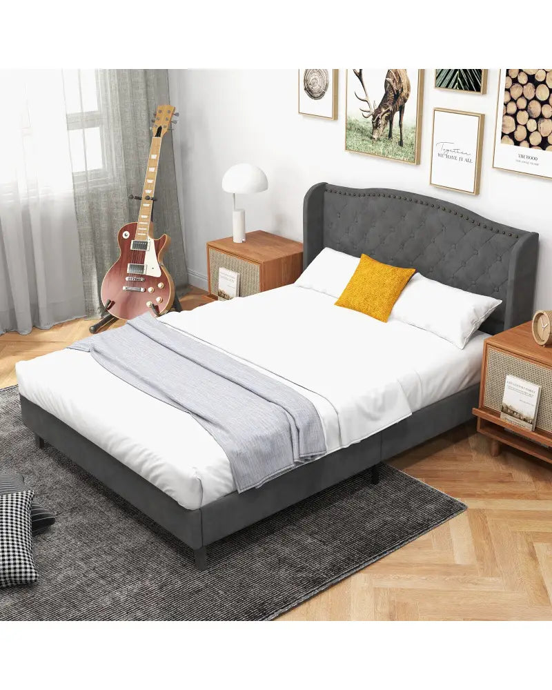 Full/Queen Size Upholstered Platform Bed Frame with Button Tufted Headboard-Full Size - Gray - Simple Bed Frame
