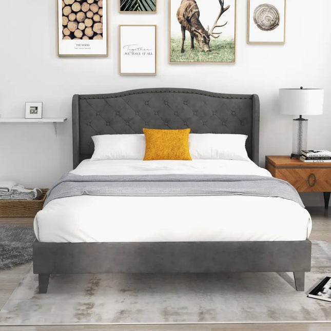 Full/Queen Size Upholstered Platform Bed Frame with Button Tufted Headboard-Queen Size - Gray - Simple Bed Frame