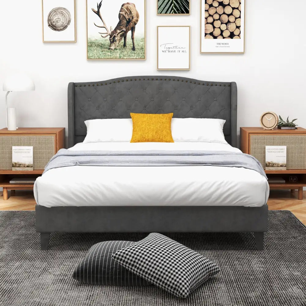 Full/Queen Size Upholstered Platform Bed Frame with Button Tufted Headboard-Full Size - Gray - Simple Bed Frame