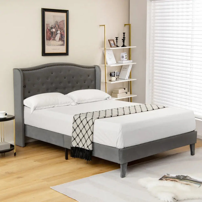 Full/Queen Size Upholstered Platform Bed Frame with Button Tufted Headboard-Queen Size - Gray - Simple Bed Frame