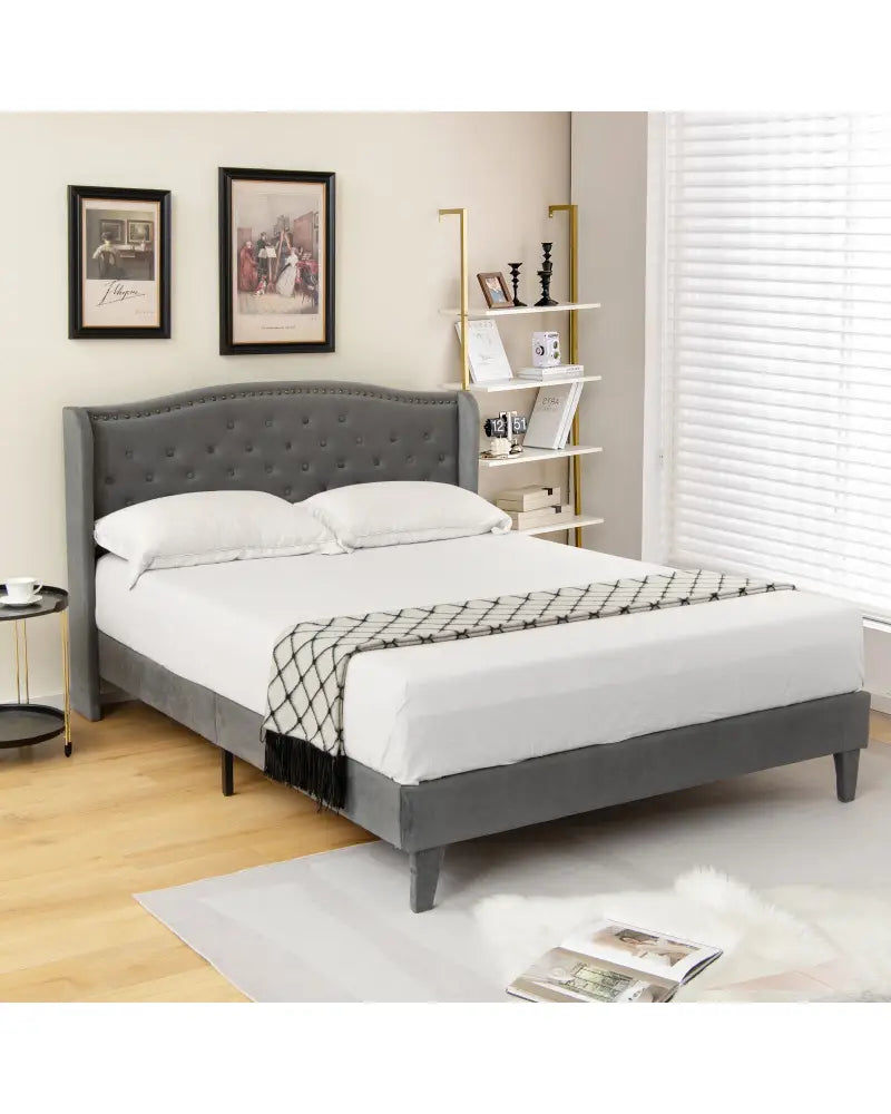 Full/Queen Size Upholstered Platform Bed Frame with Button Tufted Headboard-Full Size - Gray - Simple Bed Frame