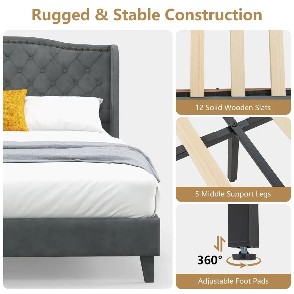 Full/Queen Size Upholstered Platform Bed Frame with Button Tufted Headboard-Queen Size - Gray - Simple Bed Frame