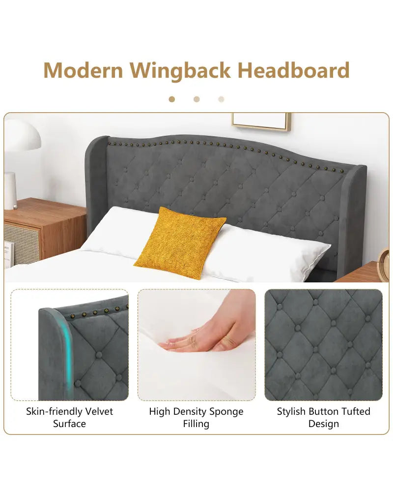 Full/Queen Size Upholstered Platform Bed Frame with Button Tufted Headboard-Full Size - Gray - Simple Bed Frame