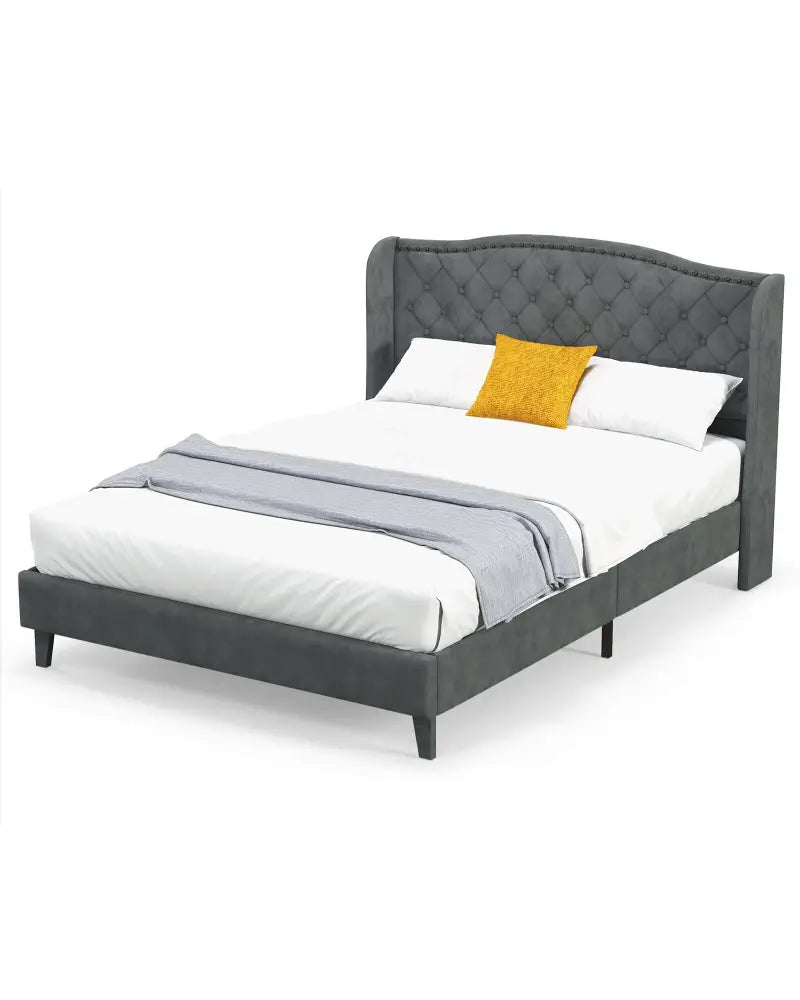 Full/Queen Size Upholstered Platform Bed Frame with Button Tufted Headboard-Full Size - Gray - Simple Bed Frame