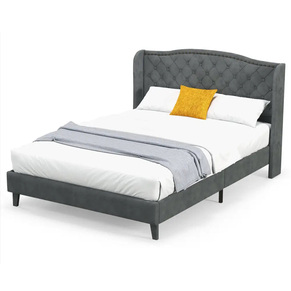 Full/Queen Size Upholstered Platform Bed Frame with Button Tufted Headboard-Full Size - Gray - Simple Bed Frame