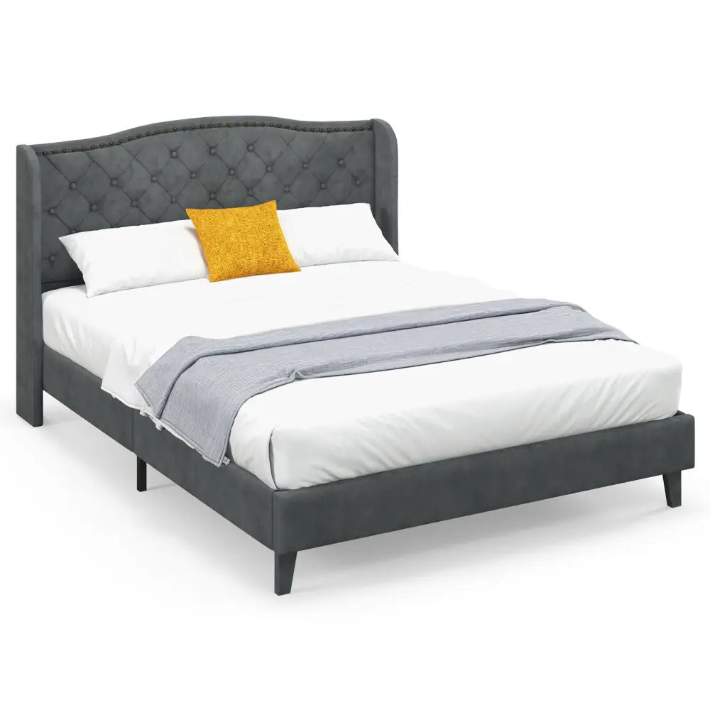 Full/Queen Size Upholstered Platform Bed Frame with Button Tufted Headboard-Queen Size - Gray - Simple Bed Frame