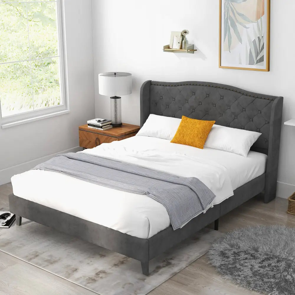 Full/Queen Size Upholstered Platform Bed Frame with Button Tufted Headboard-Queen Size - Gray - Simple Bed Frame