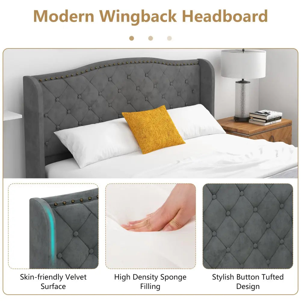 Full/Queen Size Upholstered Platform Bed Frame with Button Tufted Headboard-Queen Size - Gray - Simple Bed Frame