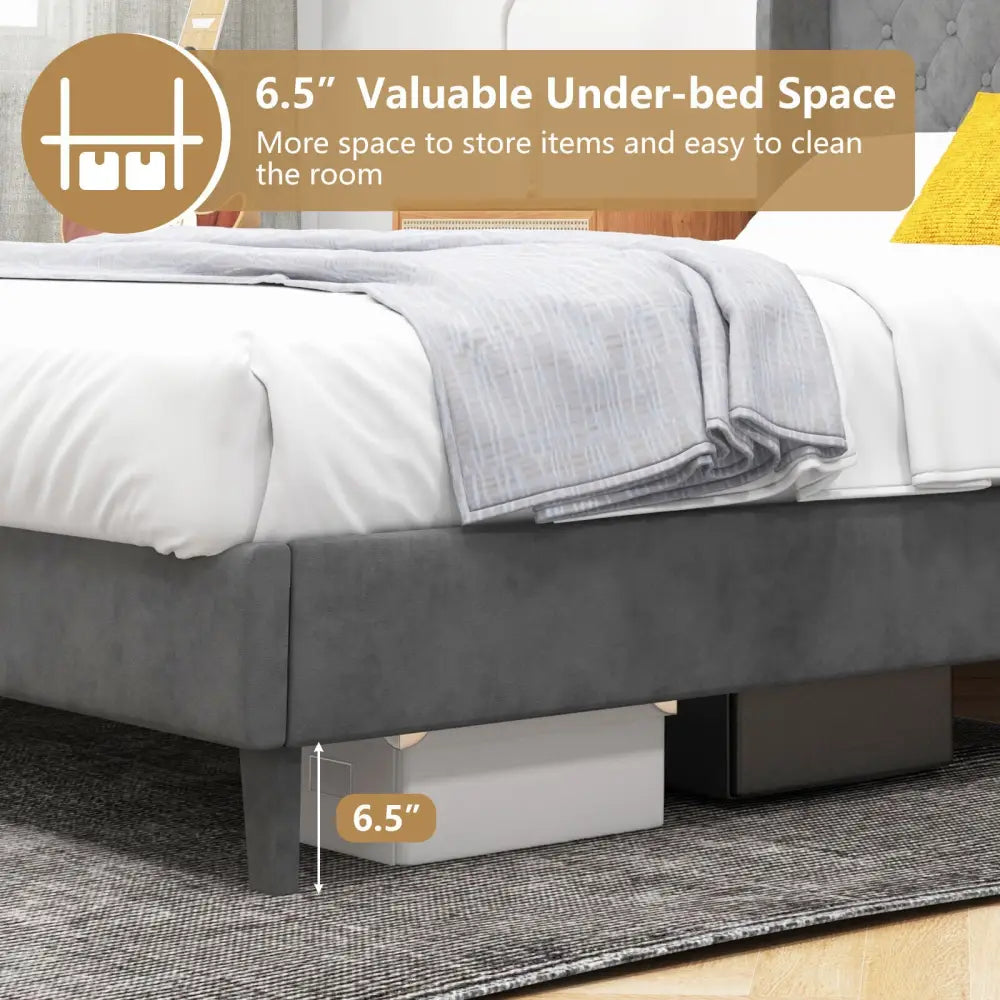 Full/Queen Size Upholstered Platform Bed Frame with Button Tufted Headboard-Full Size - Gray - Simple Bed Frame