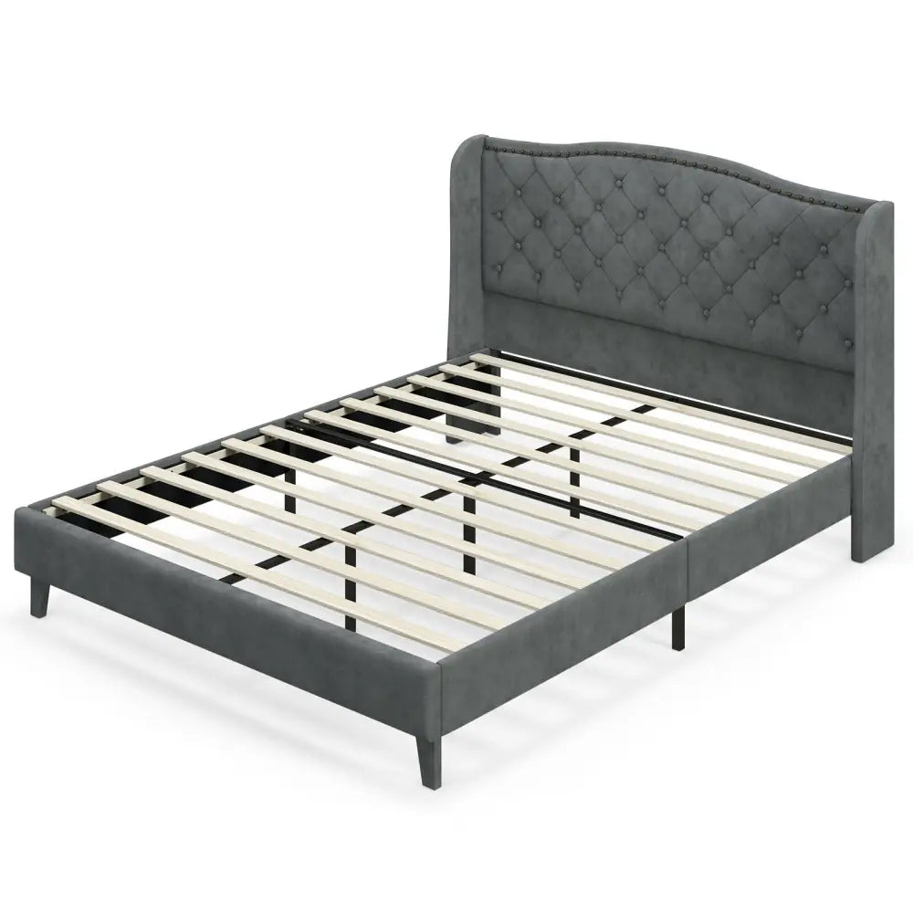 Full/Queen Size Upholstered Platform Bed Frame with Button Tufted Headboard-Queen Size - Gray - Simple Bed Frame