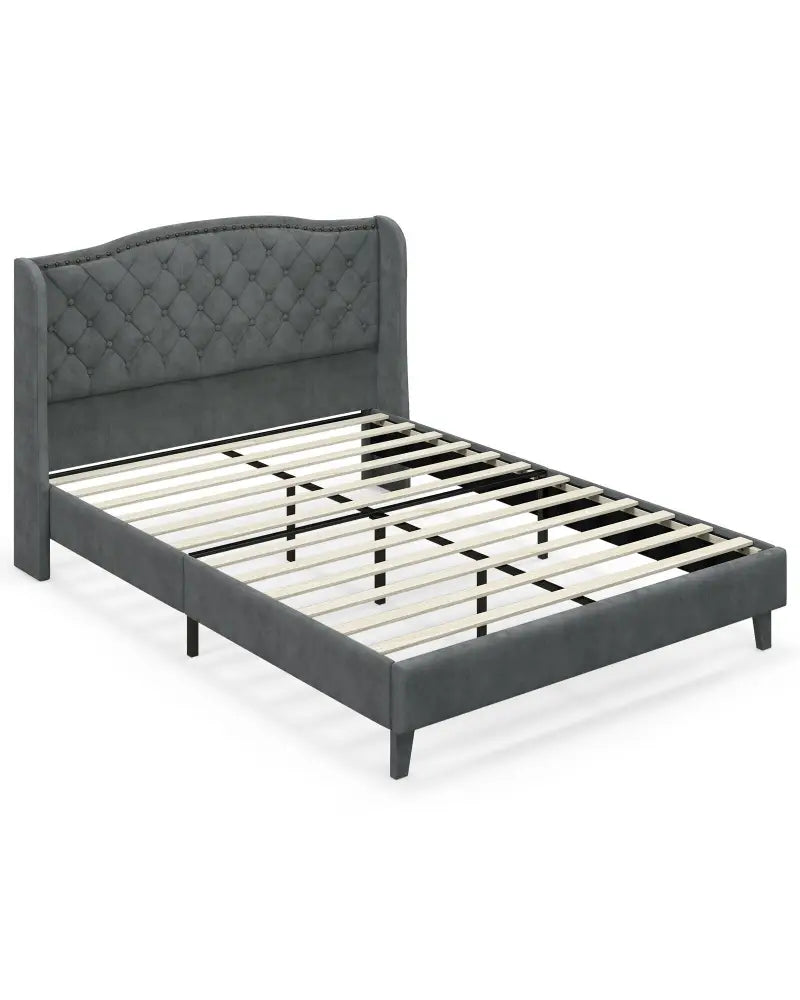 Full/Queen Size Upholstered Platform Bed Frame with Button Tufted Headboard-Full Size - Gray - Simple Bed Frame