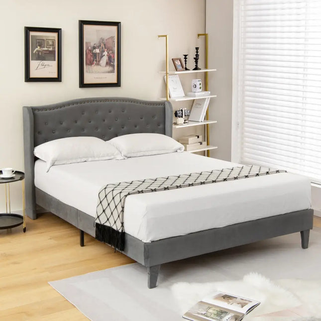 Full/Queen Size Upholstered Platform Bed Frame with Button Tufted Headboard-Full Size - Gray - Simple Bed Frame
