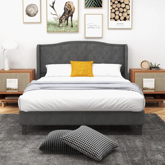 Full/Queen Size Upholstered Platform Bed Frame with Button Tufted Headboard-Full Size - Gray - Simple Bed Frame