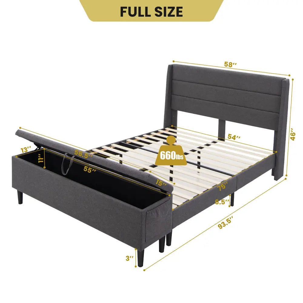 Full/Queen Size Upholstered Platform Bed Frame with Storage Ottoman-Full Size - Gray - Simple Bed Frame
