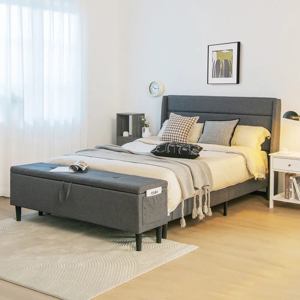 Full/Queen Size Upholstered Platform Bed Frame with Storage Ottoman-Full Size - Gray - Simple Bed Frame