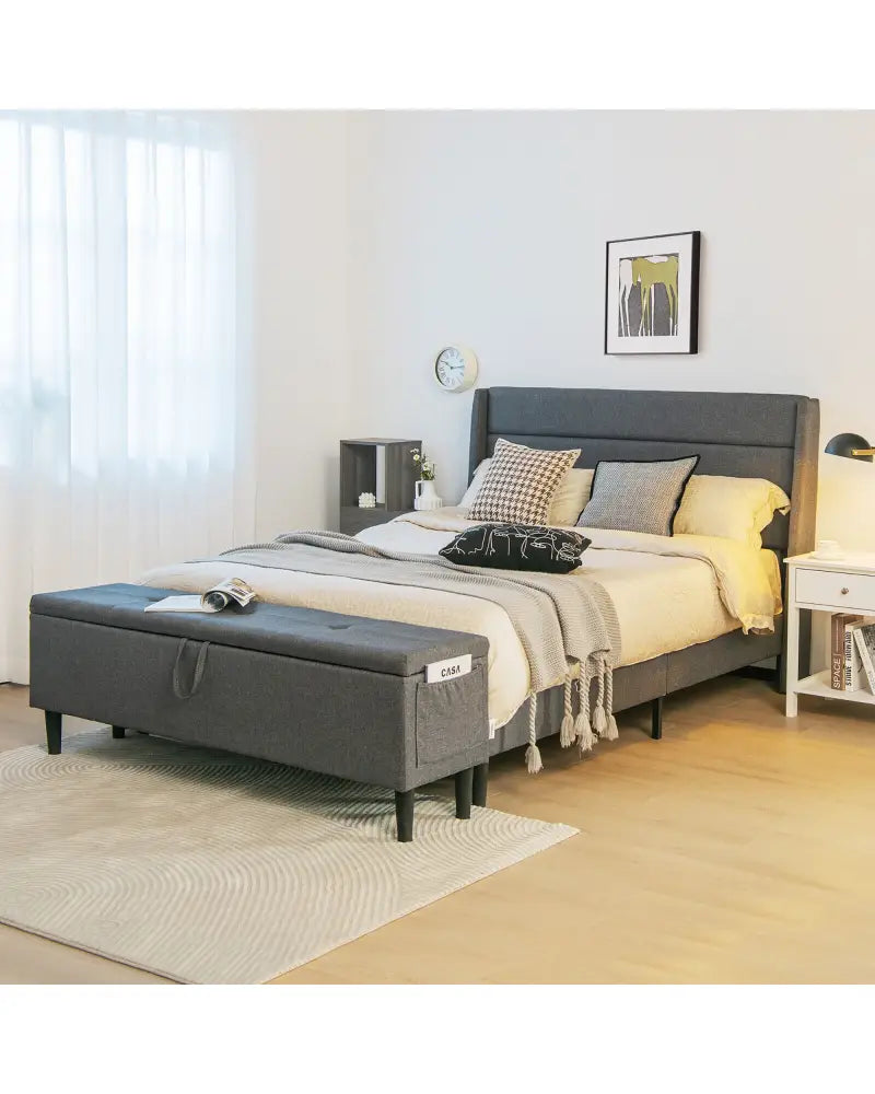 Full/Queen Size Upholstered Platform Bed Frame with Storage Ottoman-Full Size - Gray - Simple Bed Frame