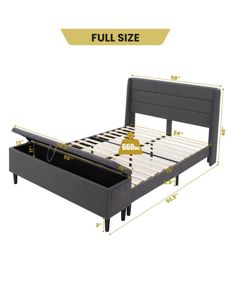 Full/Queen Size Upholstered Platform Bed Frame with Storage Ottoman-Full Size - Gray - Simple Bed Frame