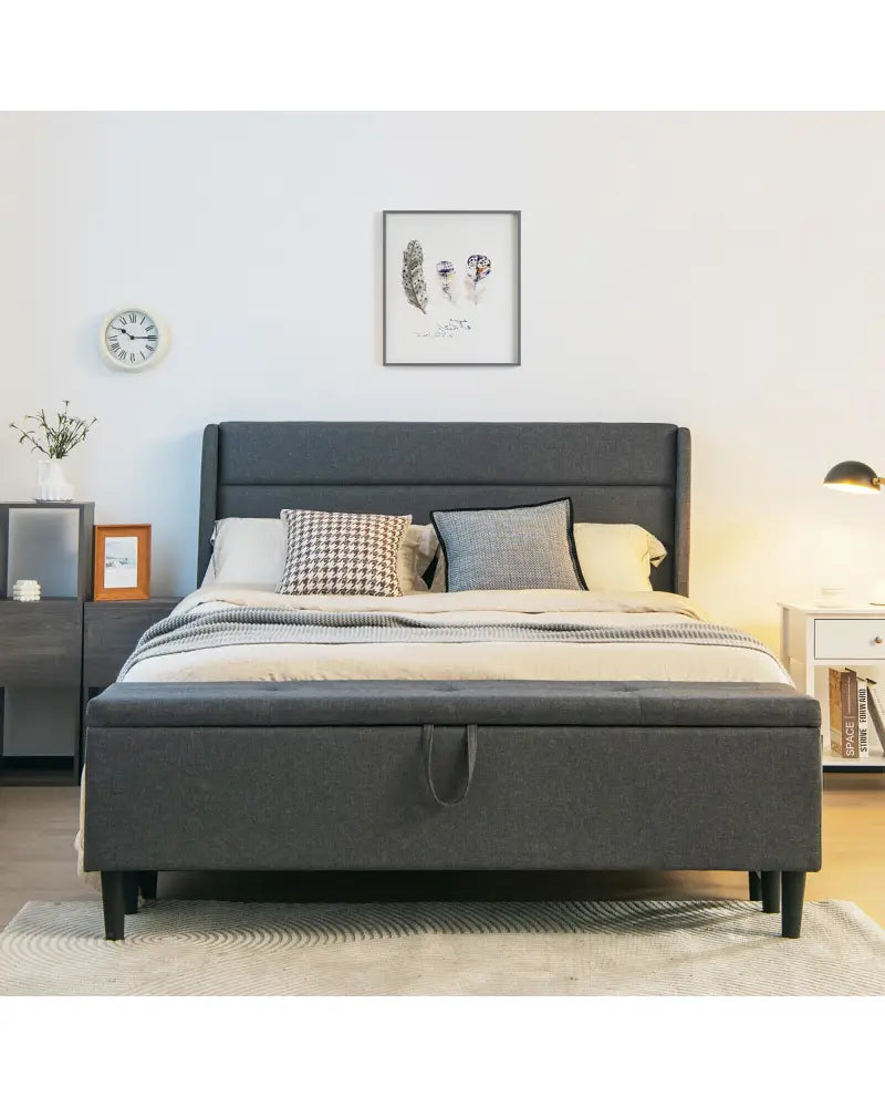 Full/Queen Size Upholstered Platform Bed Frame with Storage Ottoman-Full Size - Gray - Simple Bed Frame