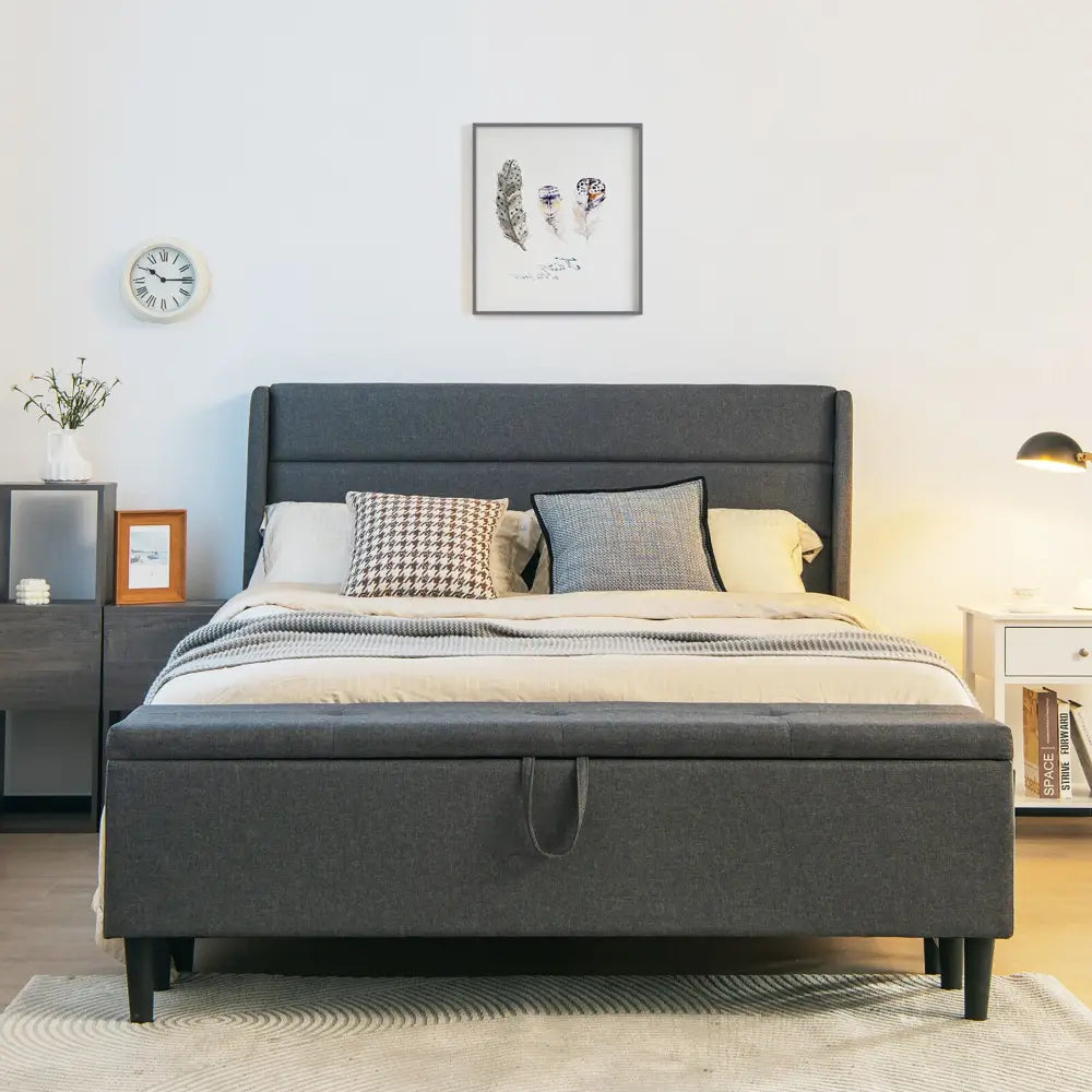 Full/Queen Size Upholstered Platform Bed Frame with Storage Ottoman-Full Size - Gray - Simple Bed Frame