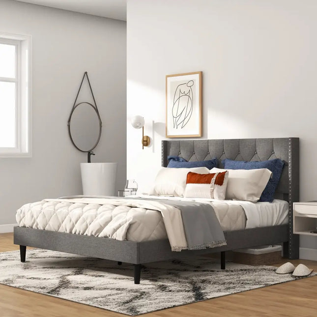 Full/Queen Size Upholstered Platform Bed with Button Tufted Headboard-Queen Size - Gray - Simple Bed Frame