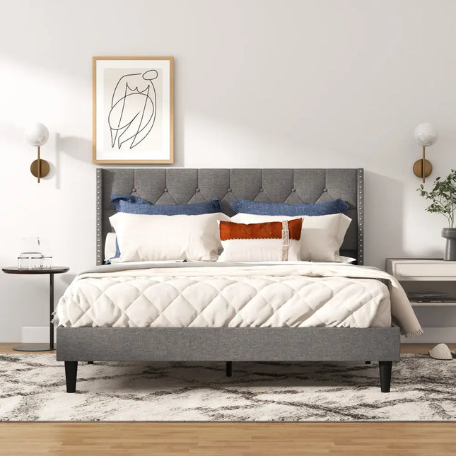 Full/Queen Size Upholstered Platform Bed with Button Tufted Headboard-Queen Size - Gray - Simple Bed Frame