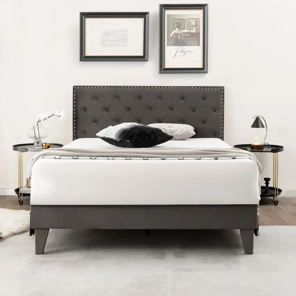 Full/Queen Size Upholstered Platform Bed with Tufted Headboard-Full Size - Gray - Simple Bed Frame