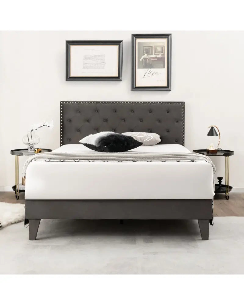 Full/Queen Size Upholstered Platform Bed with Tufted Headboard-Full Size - Gray - Simple Bed Frame