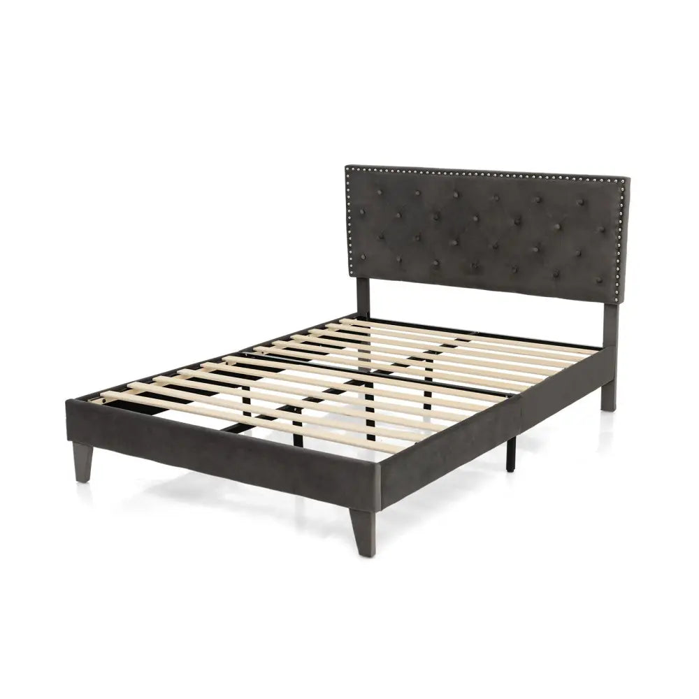 Full/Queen Size Upholstered Platform Bed with Tufted Headboard-Full Size - Gray - Simple Bed Frame