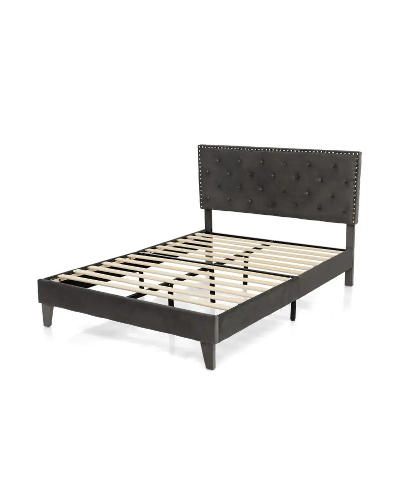 Full/Queen Size Upholstered Platform Bed with Tufted Headboard-Full Size - Gray - Simple Bed Frame