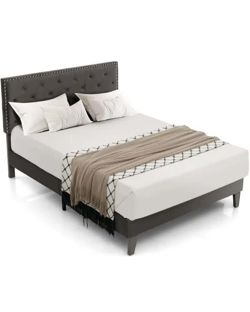 Full/Queen Size Upholstered Platform Bed with Tufted Headboard-Full Size - Gray - Simple Bed Frame