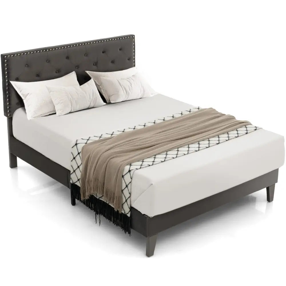 Full/Queen Size Upholstered Platform Bed with Tufted Headboard-Full Size - Gray - Simple Bed Frame