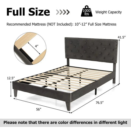 Full/Queen Size Upholstered Platform Bed with Tufted Headboard-Full Size - Gray - Simple Bed Frame