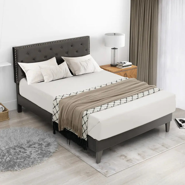Full/Queen Size Upholstered Platform Bed with Tufted Headboard-Full Size - Gray - Simple Bed Frame