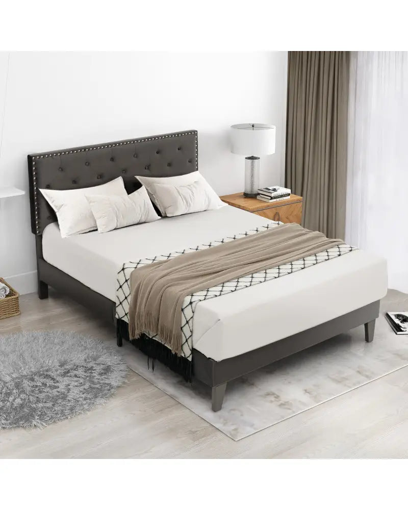 Full/Queen Size Upholstered Platform Bed with Tufted Headboard-Full Size - Gray - Simple Bed Frame