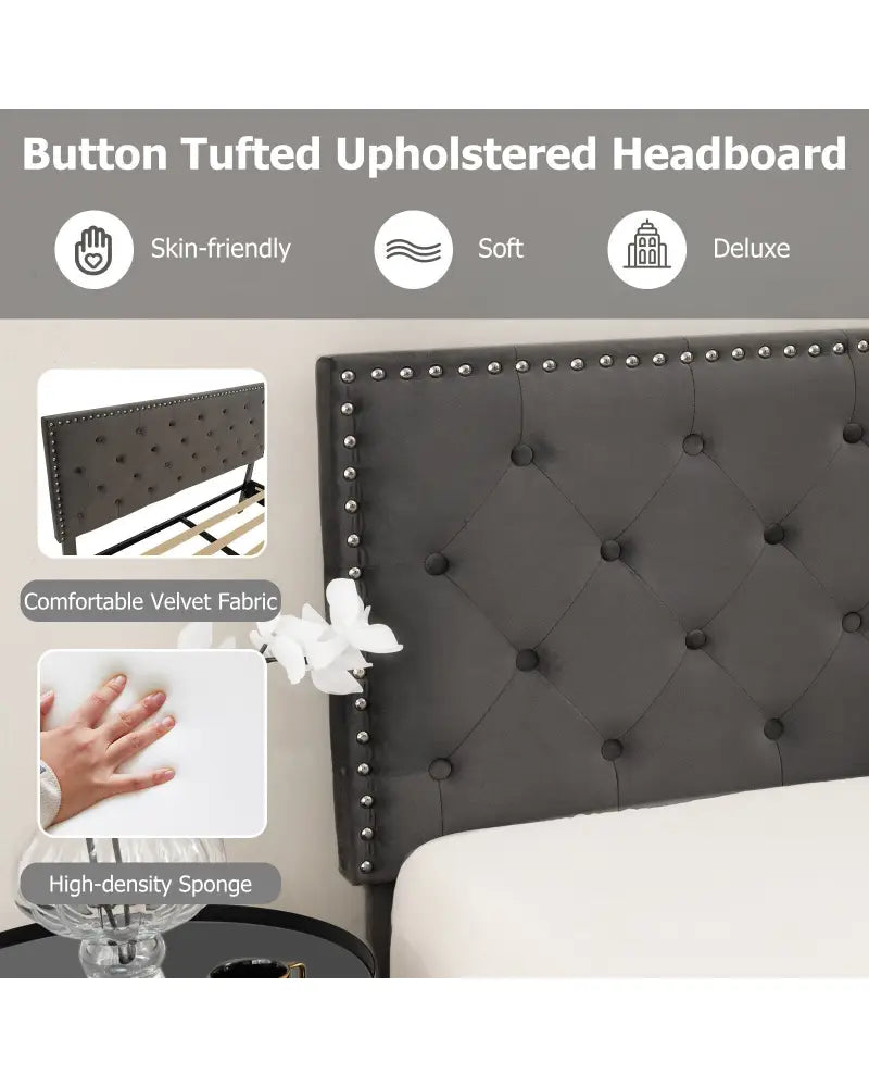 Full/Queen Size Upholstered Platform Bed with Tufted Headboard-Full Size - Gray - Simple Bed Frame