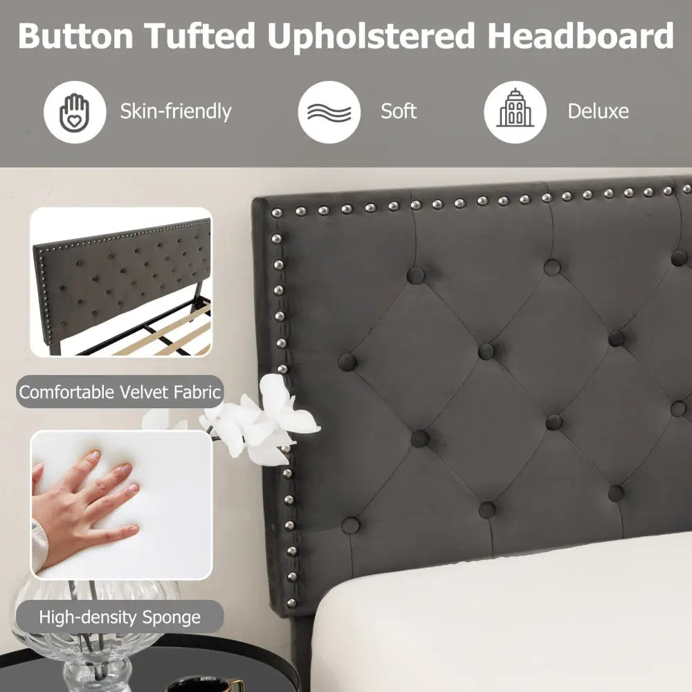 Full/Queen Size Upholstered Platform Bed with Tufted Headboard-Full Size - Gray - Simple Bed Frame