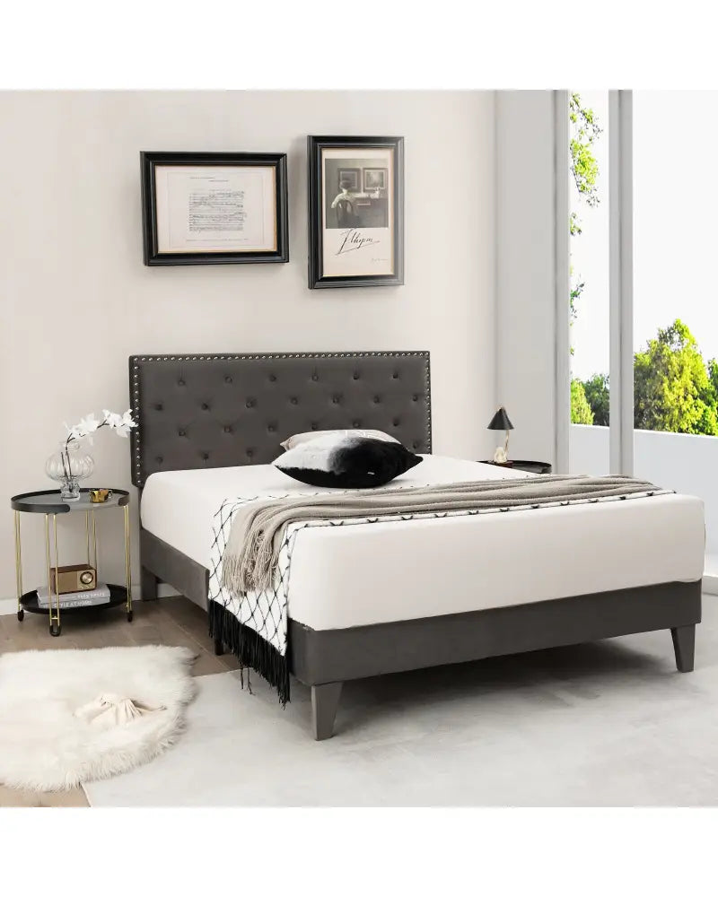 Full/Queen Size Upholstered Platform Bed with Tufted Headboard-Full Size - Gray - Simple Bed Frame