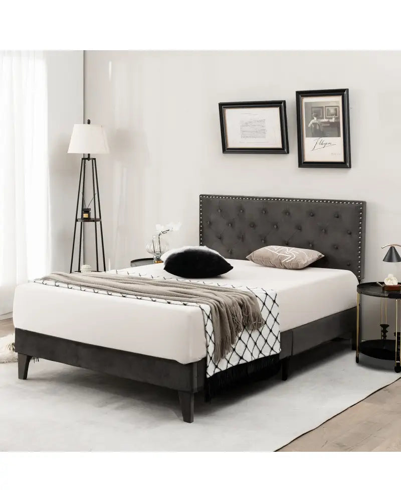 Full/Queen Size Upholstered Platform Bed with Tufted Headboard-Full Size - Gray - Simple Bed Frame